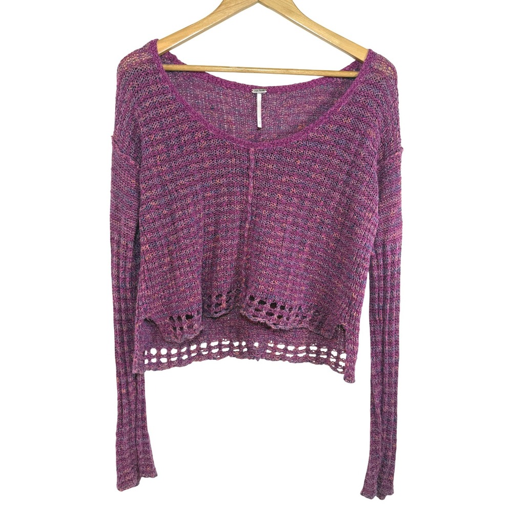 Free People Knit Sweater Purple Space Dye Cotton Linen Crochet Boho Festival S